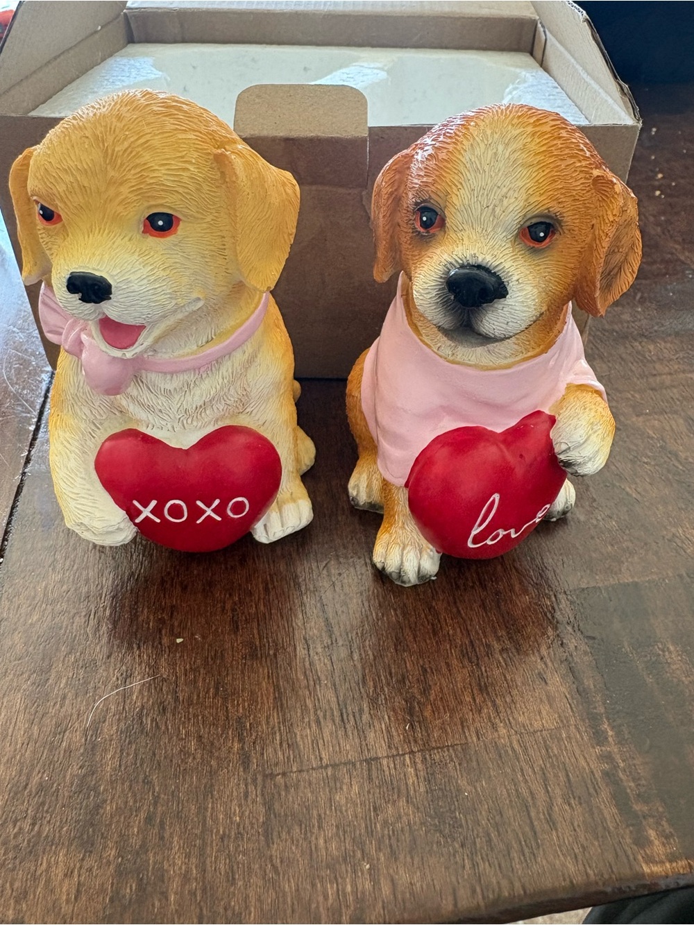 Pair of Puppy Figurines Holding Red Hearts